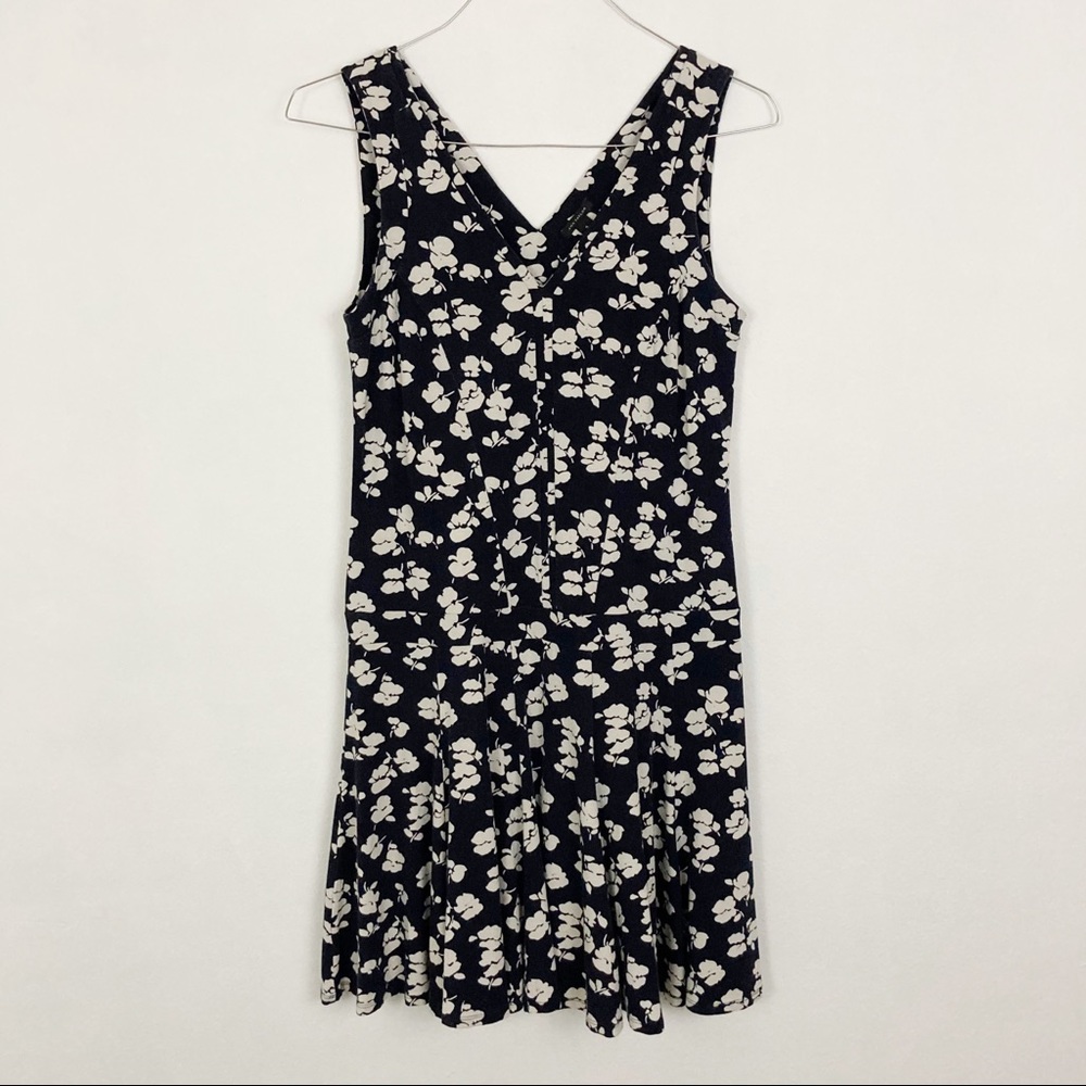 Ann Taylor Floral Dress Sz 4 Navy Blue Jersey Knit